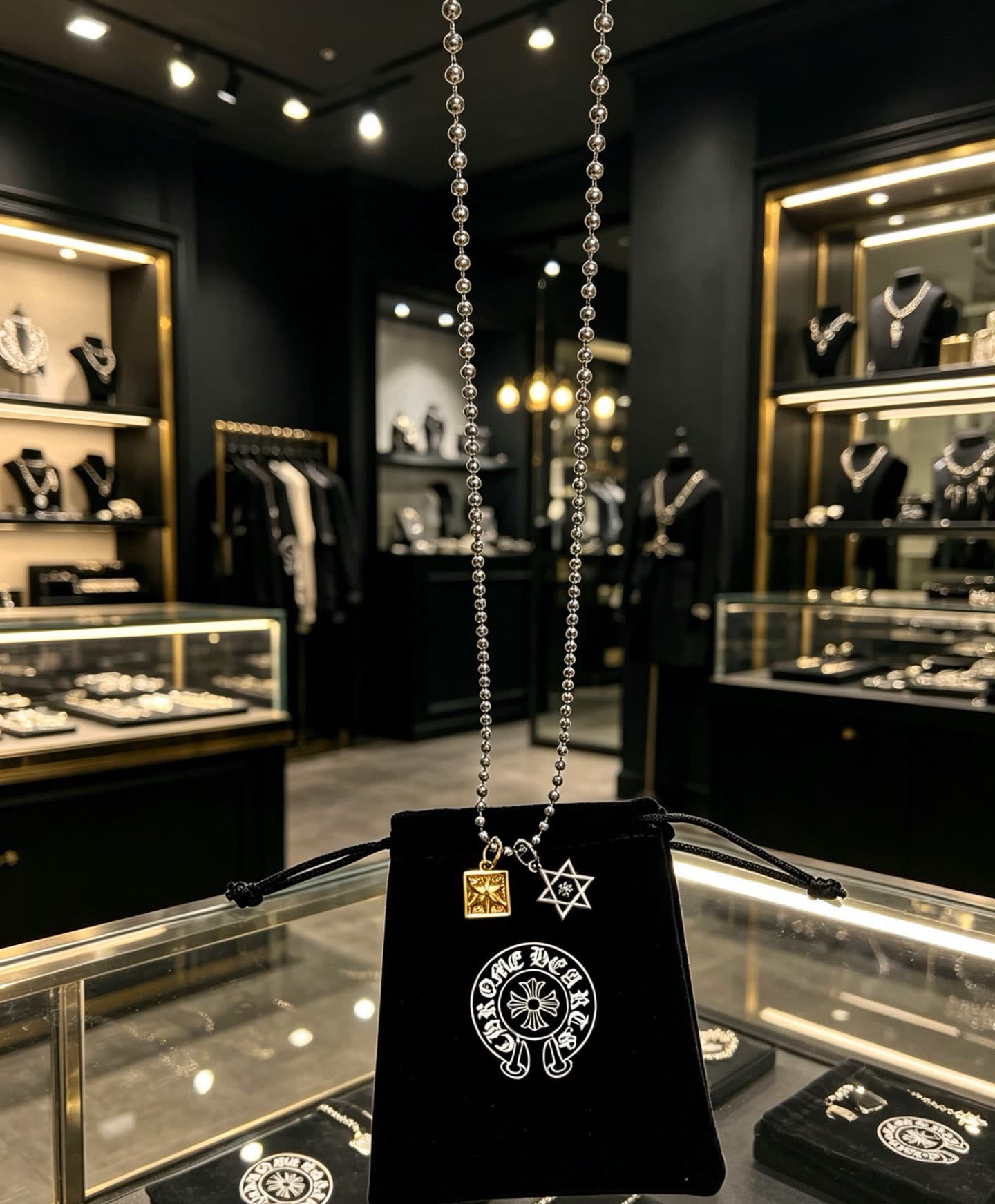 Chrome Hearts Beaded Necklace with Star and Square Charms